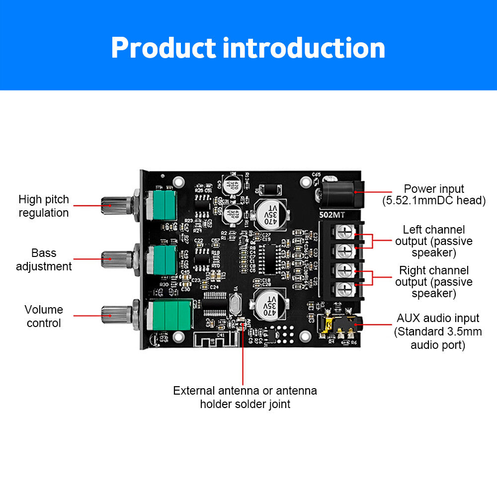 ZK-502MT 50W*2 Bluetooth 5.2 Audio Amplifier Board Module Tone Adjustable DIY.
