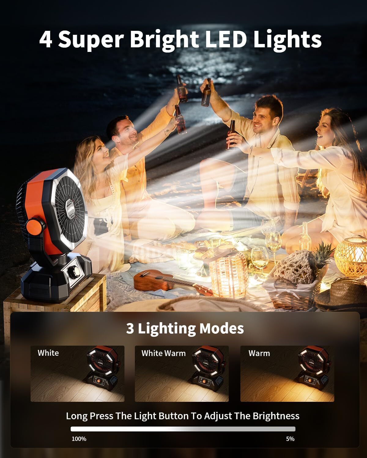 Camping Fan Battery Operated Fan with 4 LED Lantern, 8 Speeds Floor Desk Fan