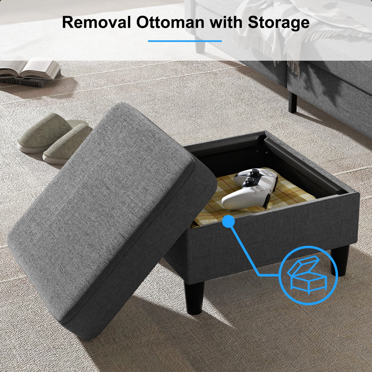 Small Sectional Sofa with Storage Ottoman,3 Seater L Shaped Sofa for Living Room
