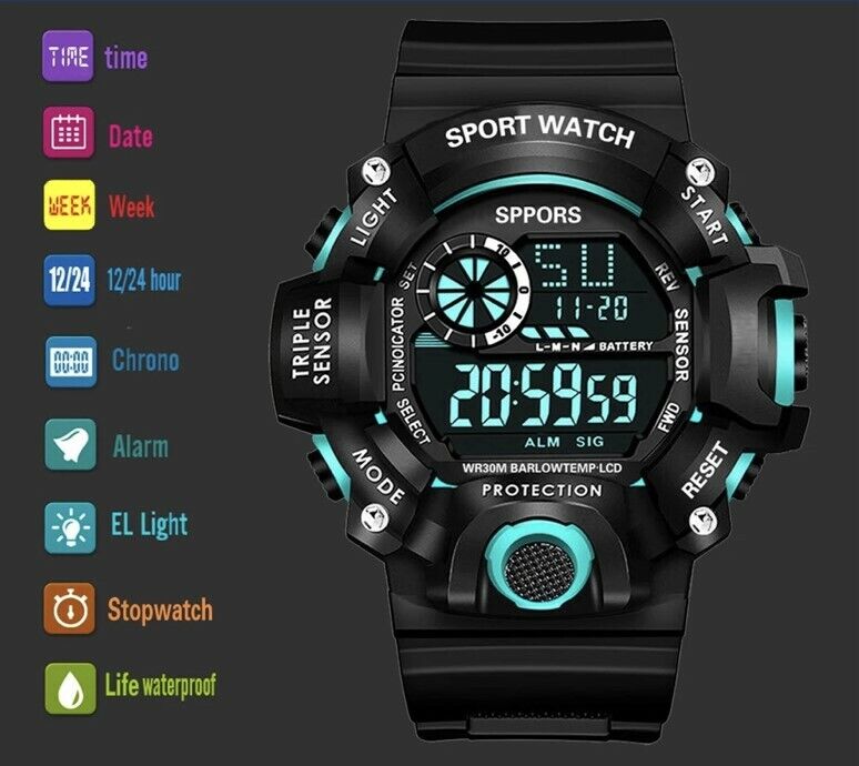 Men's Watches Military Army Sports Digital LED Shockproof Watch Alarm Stopwatch