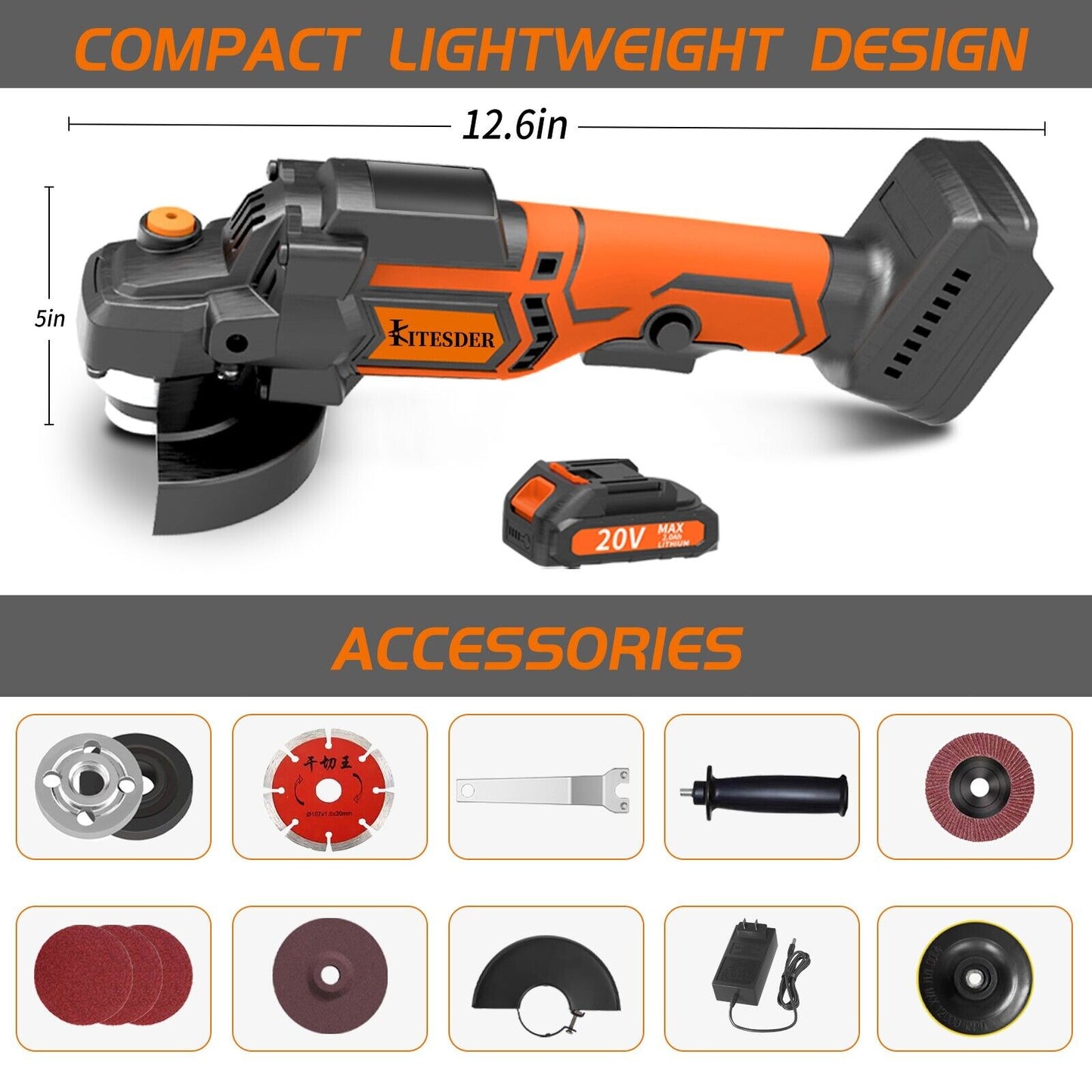 KITESDER Cordless Angle Grinder Handheld Saw 9000RPM with Battery Blade Toolkit