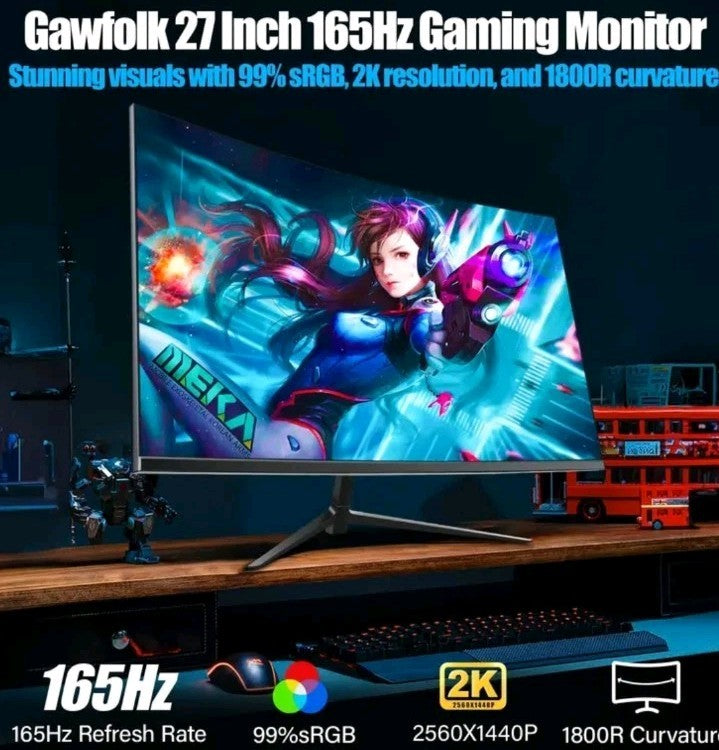 27" 2K 2560x1440 QHD 165Hz 1ms Curved Gaming Monitor, Ultra Thin Bazel