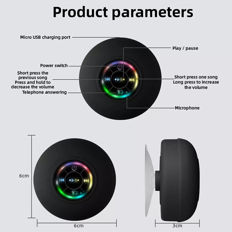 Waterproof Bluetooth Wireless Shower Speaker Bathroom Speaker LED Light Portable