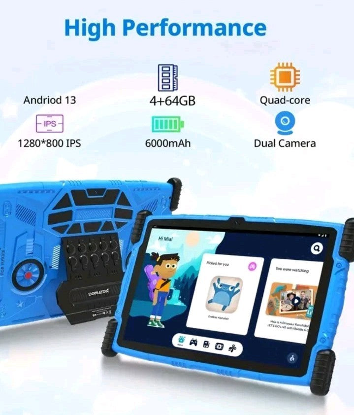 Kids Tablet, 10 Inch Tablet for Kids Android 13, 4GB+64GB/1 TB Expansion, Blue