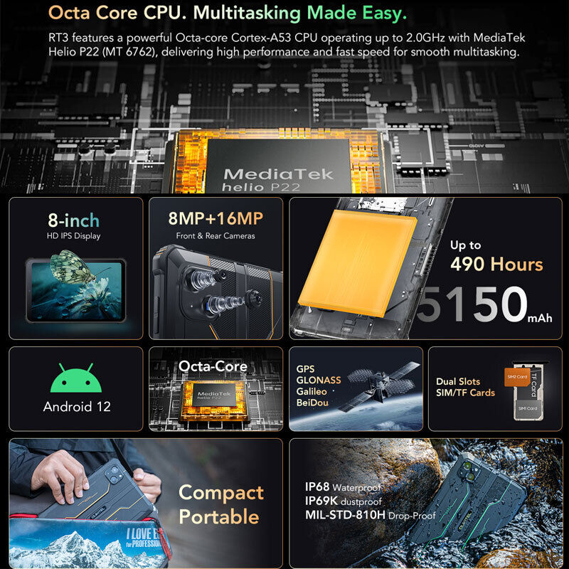 8" Oukitel RT3 4G LTE Rugged Tablet PC Phone Android Mobile Waterproof Unlocked