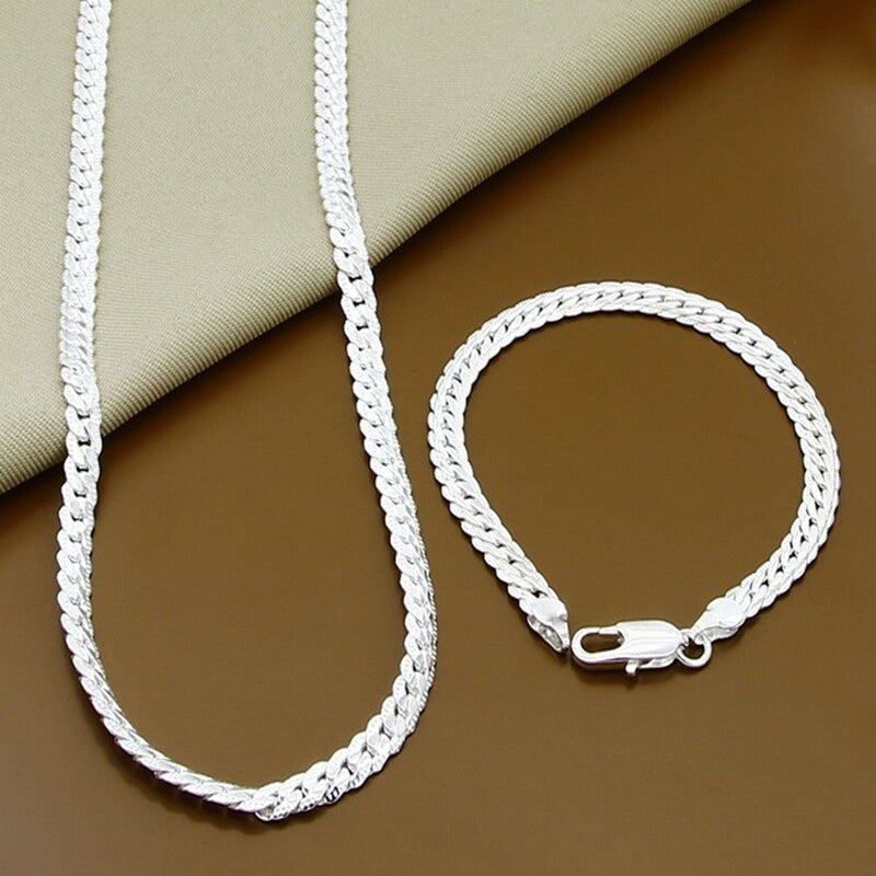 5MM flat Snake Necklace Bracelet Set 925 Sterling Silver Filled For Woman Men