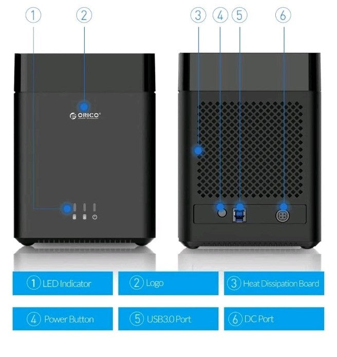ORICO 2 Bay Hard Drive Enclosure USB Type-C to SATA for 3.5'' HDD SSD w/ Fan