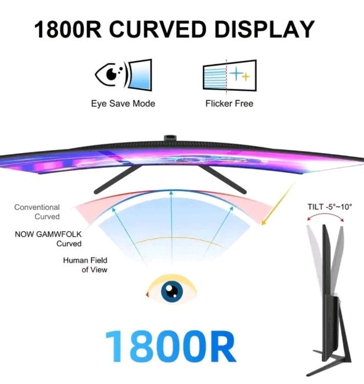 27" 2K 2560x1440 QHD 165Hz 1ms Curved Gaming Monitor, Ultra Thin Bazel