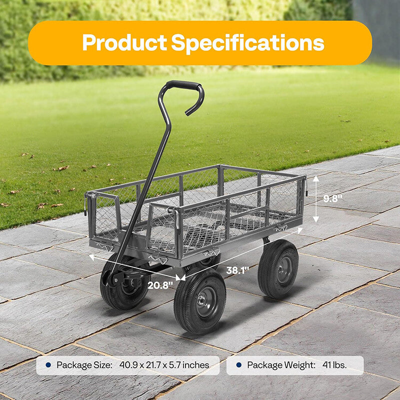 880 Lbs Lawn Garden Cart Utility Yard Pull Wagon Trailer w/ Removable Sides Grey