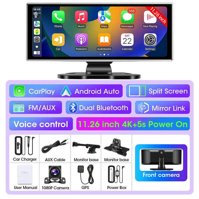 11.26" Car DVR 4K Dash Cam Dual Lens Wireless Carplay & Android Video Recorder