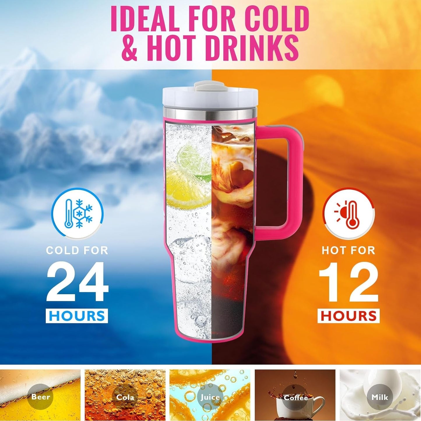 40 Oz Tumbler With Handle Straw Insulated, Stainless Steel Spill Proof Vacuum Co