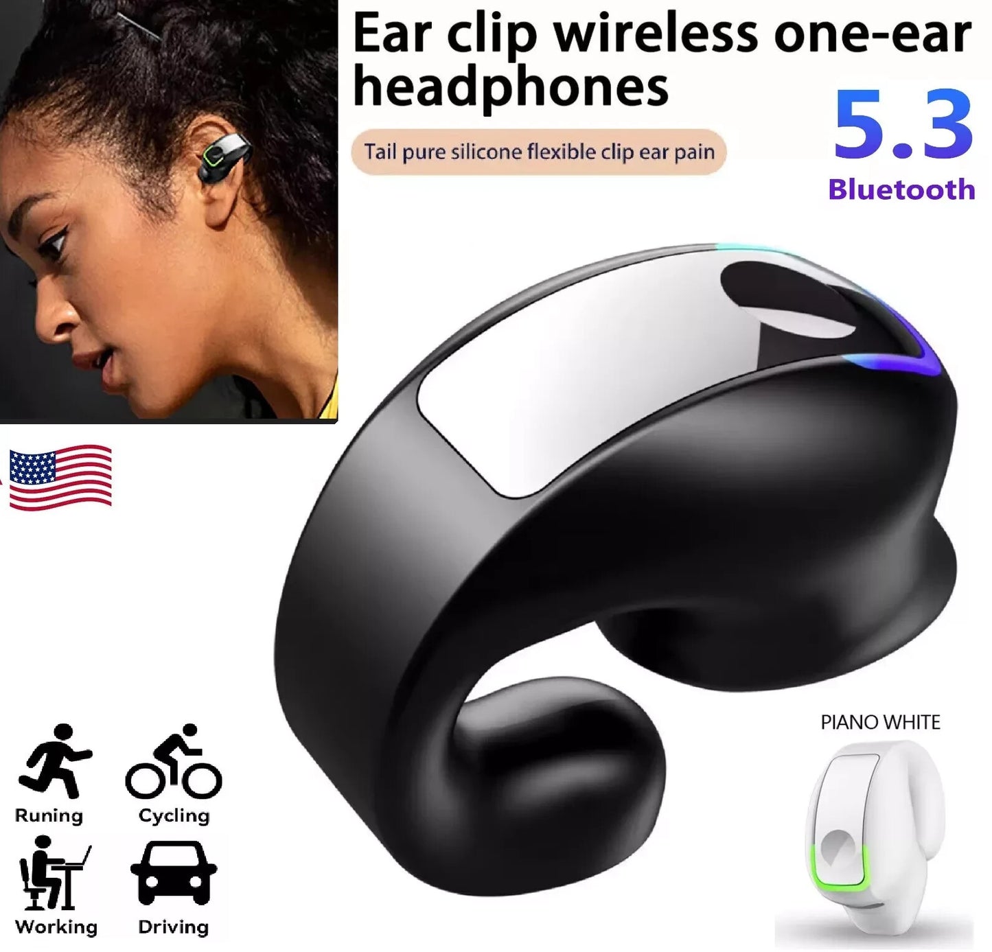 Bluetooth 5.3 Wireless Earbuds Ear Clip Bone Conduction Headphones Headset 2 Pcs