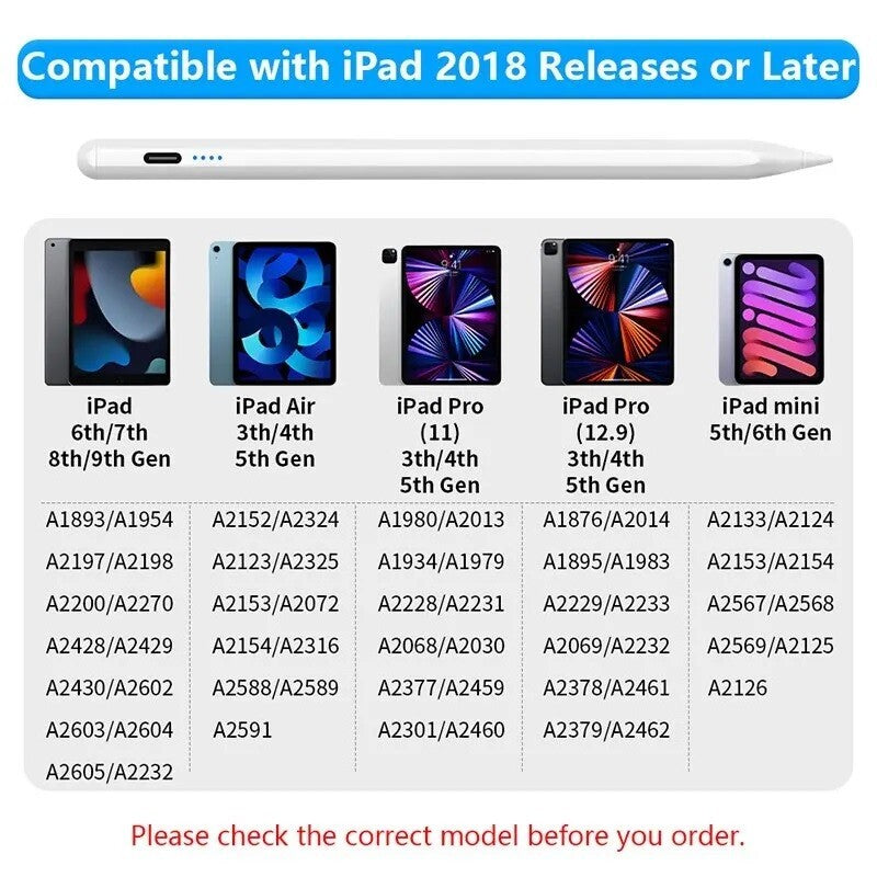 Stylus Pen For Apple iPad Pro Air Mini 2018-2022 w/ Palm Rejection Active Pencil