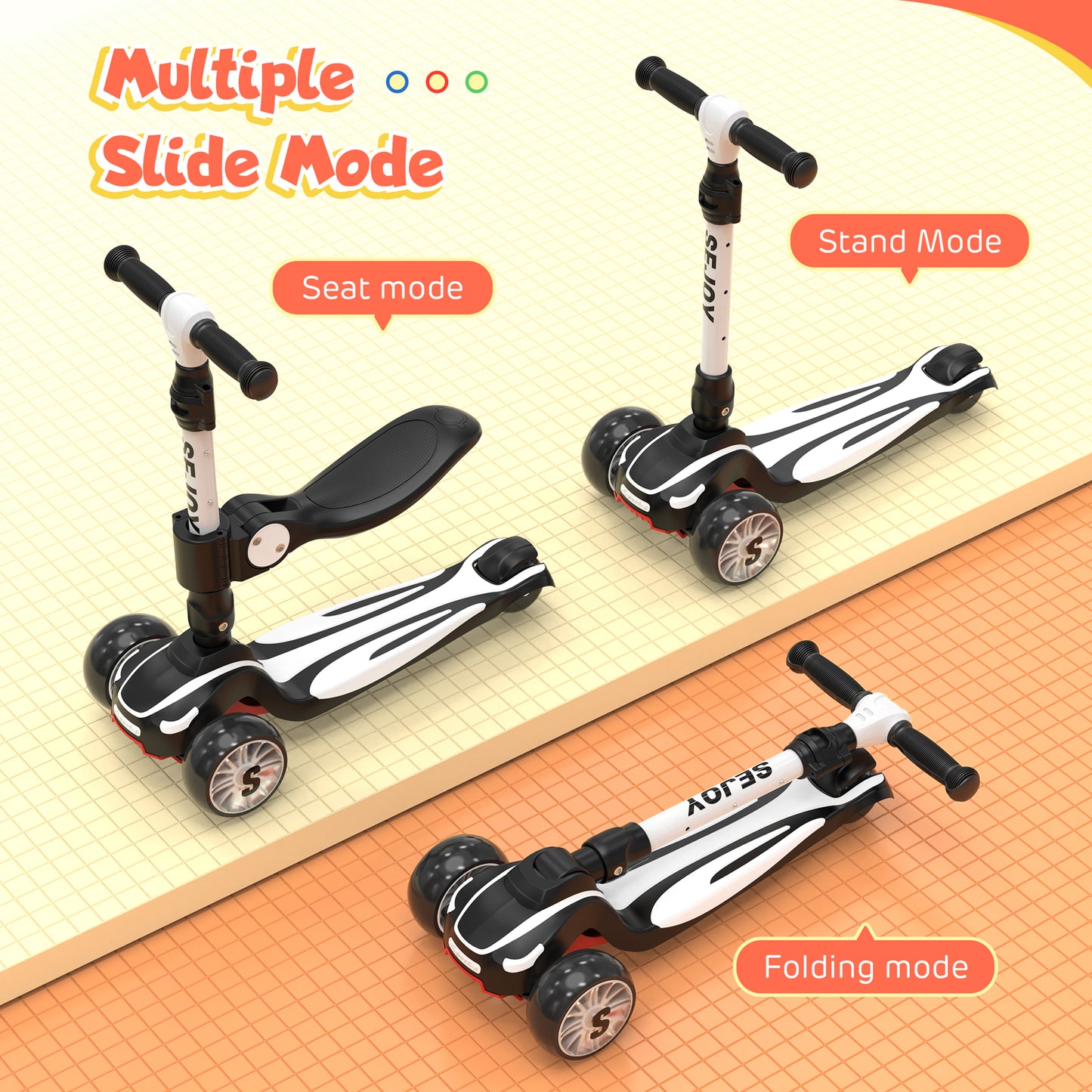 SEJOU Kids Scooter 3 Wheel LED Light Up Child Kick Flashing Push Adjustable Fold