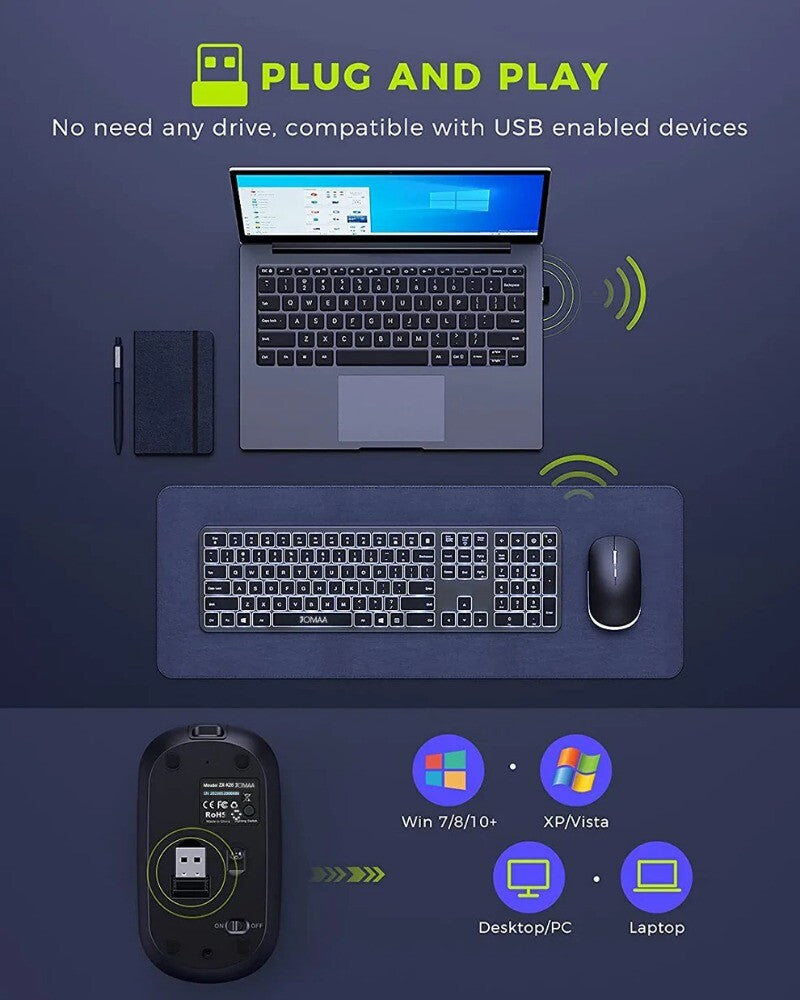 Full-Size Backlight Wireless Keyboard and Mouse Combo Laptop PC USB Silent Click