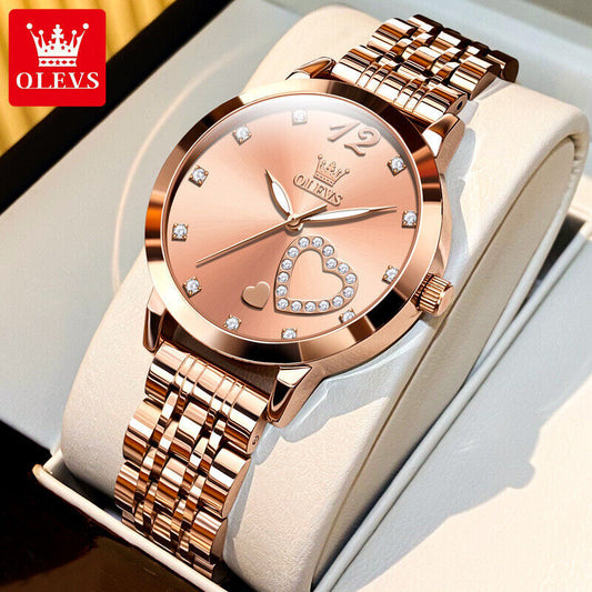 OLEVS Women's Quartz Elegant Watch Stainless Steel Rhinestone Heart Luminous Box