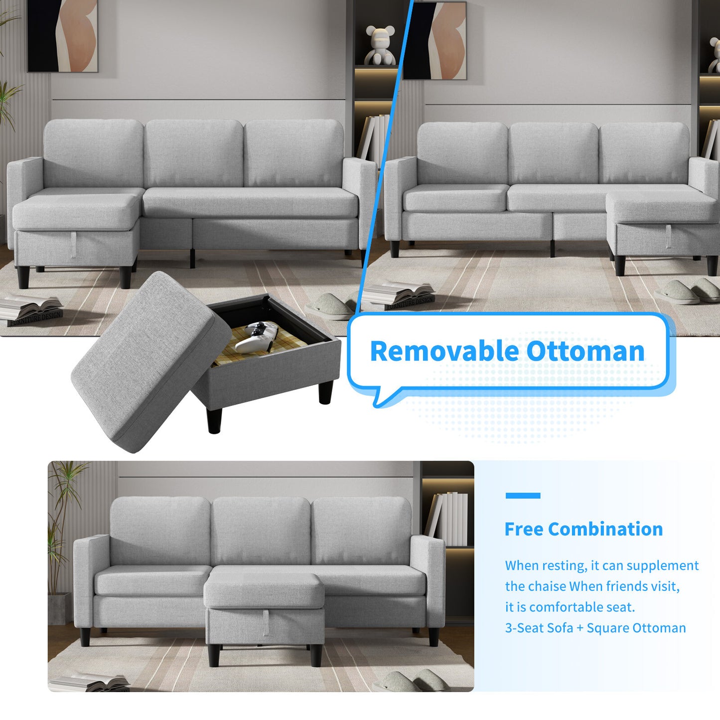 Small Sectional Sofa with Storage Ottoman,3 Seater L Shaped Sofa for Living Room