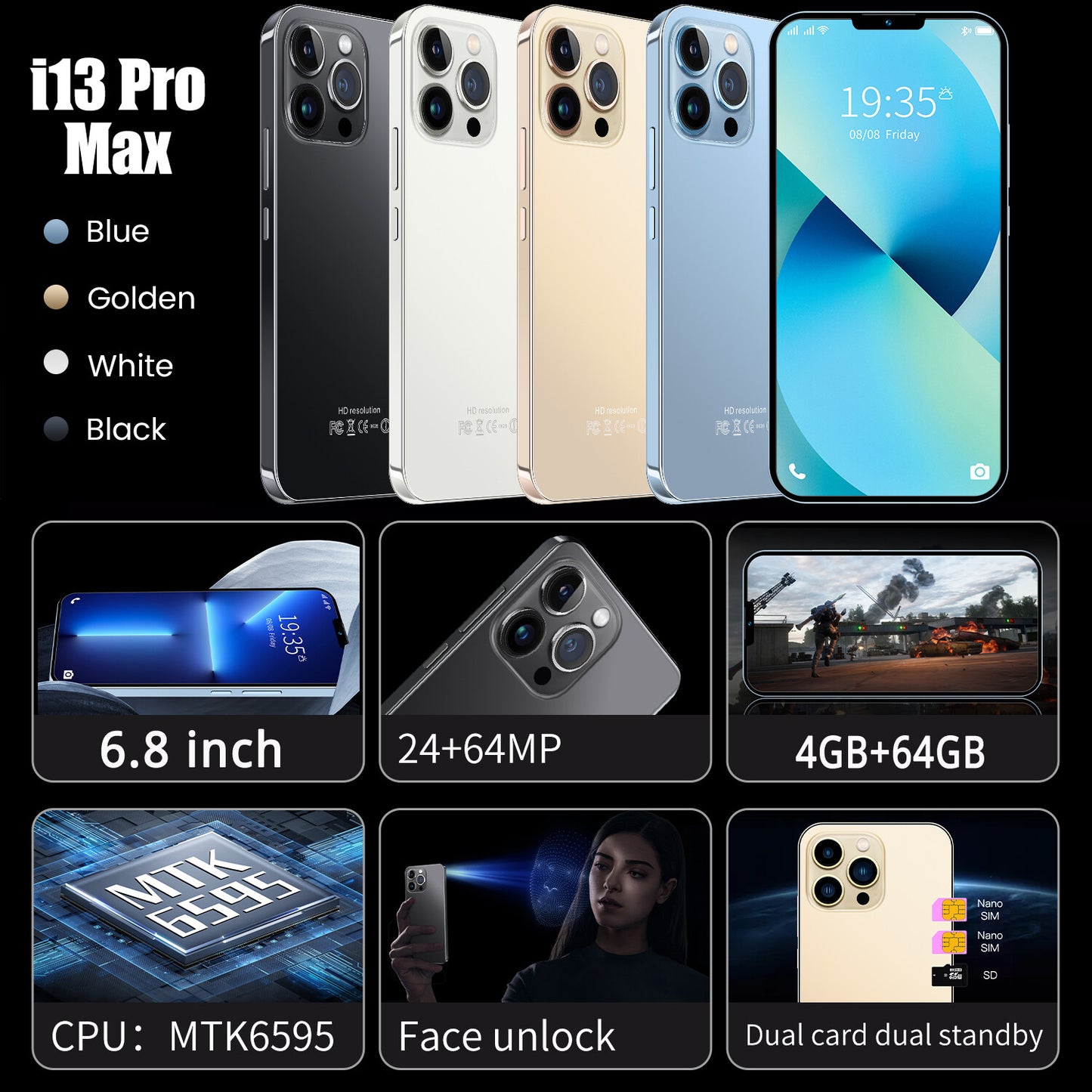 6.8" Unlocked i13 Pro Max Android 10 Smartphone Dual Sim 4G Phone Mobile 4+64 GB