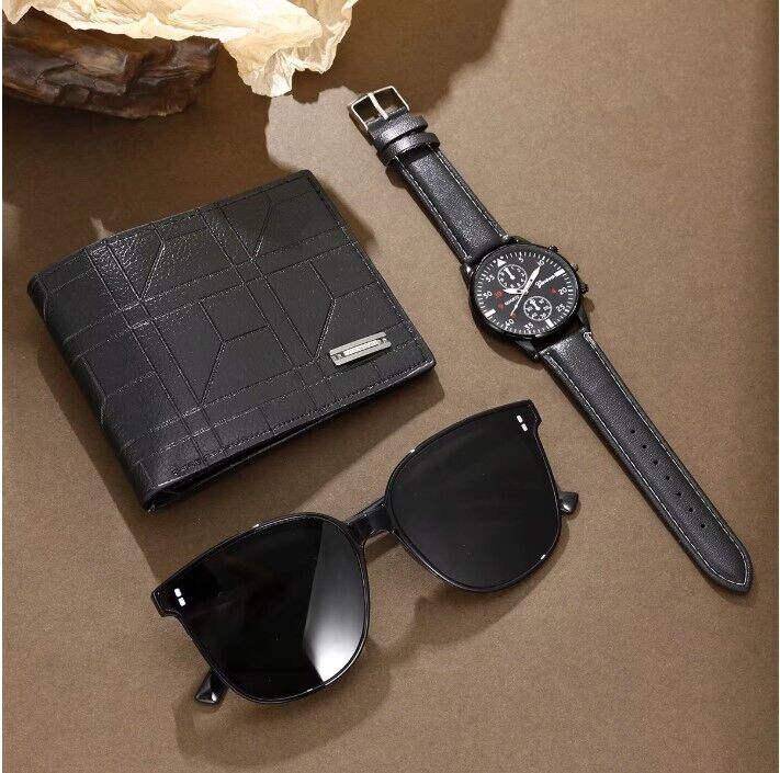 3Pc Black Fashion Quartz Watch Wallet and Glasses Set Men Holiday Gift New