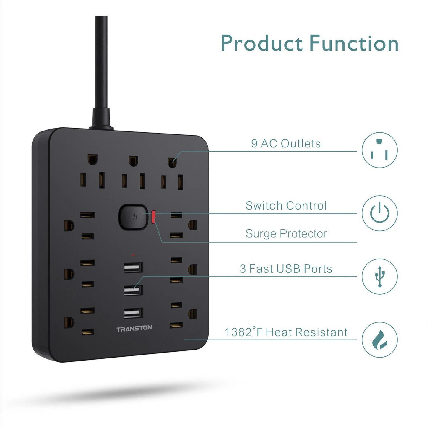 Power Outlet with Surge Protector, 9 sockets 3 USB Ports, 10ft Extension Cord,