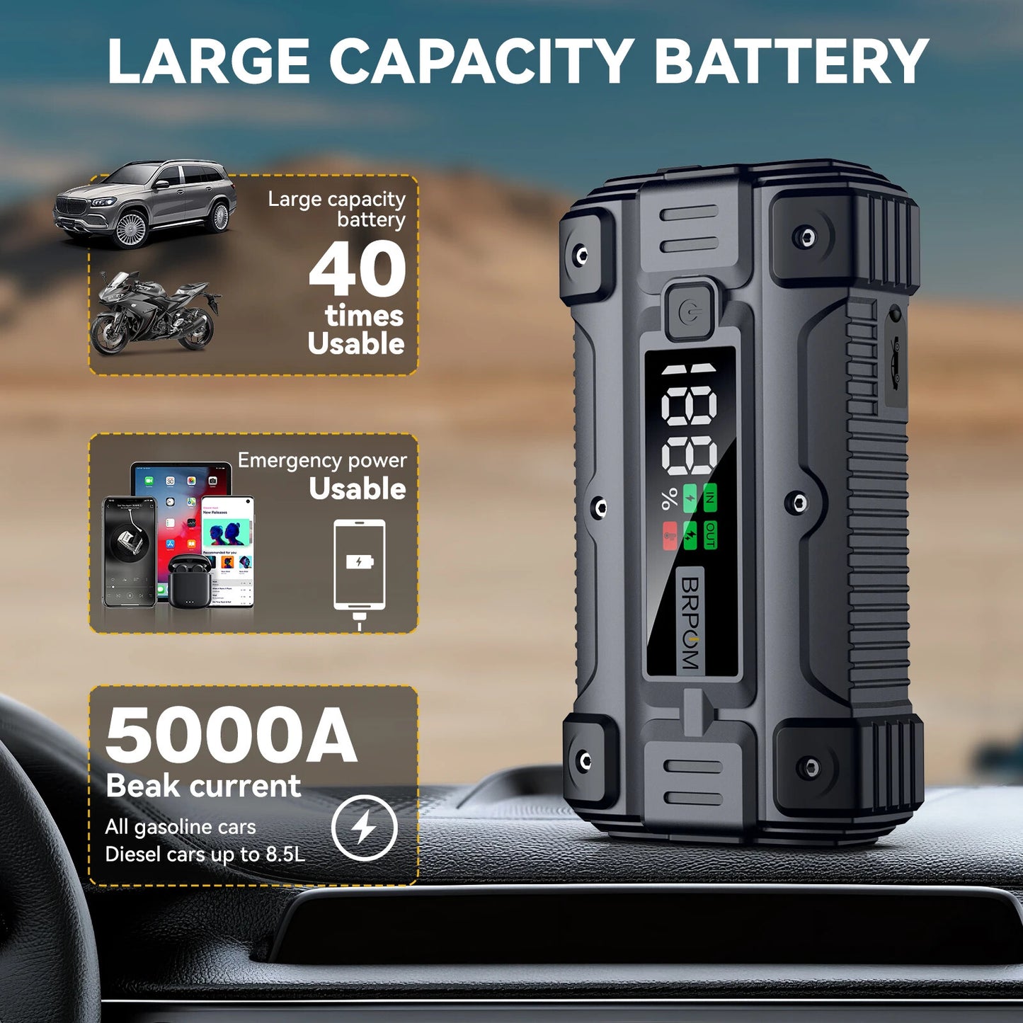 Car Jump Starter 3000A/4000A/5000A Battery Charger Emergency Power Bank Booster