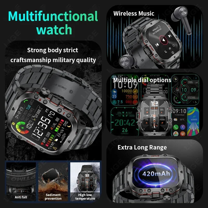 2024 Rugged Military Smart Watch Men Outdoor Watches Lp68 Waterproof 2.01" Al Vo