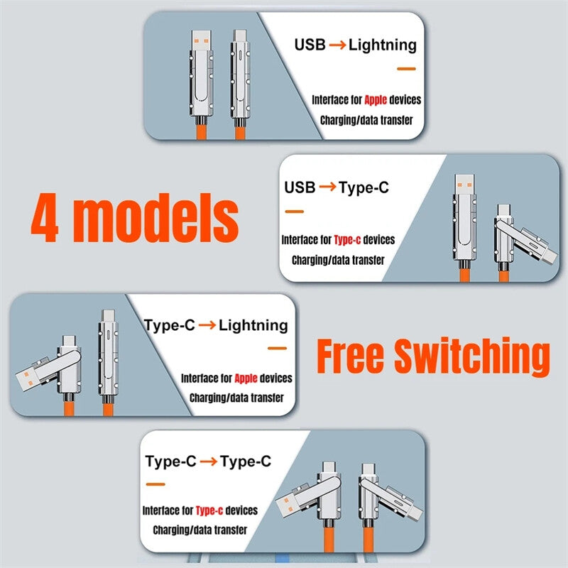 120W 4-In-1 Super Fast Charging Cable Charger Data Cord For iPhone Samsung iPad