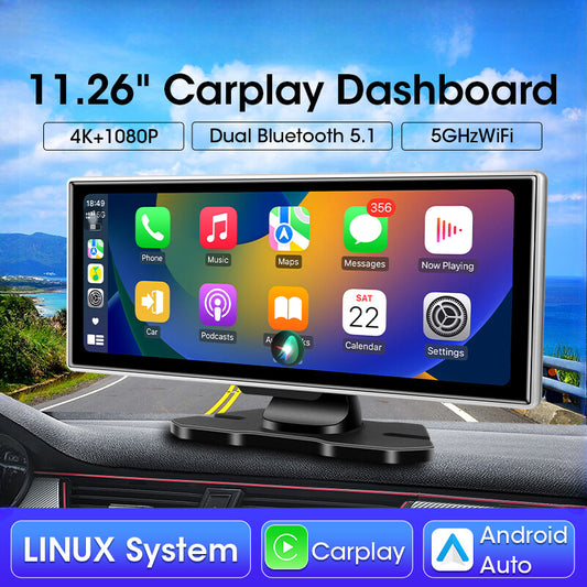 11.26" Car DVR 4K Dash Cam Dual Lens Wireless Carplay & Android Video Recorder
