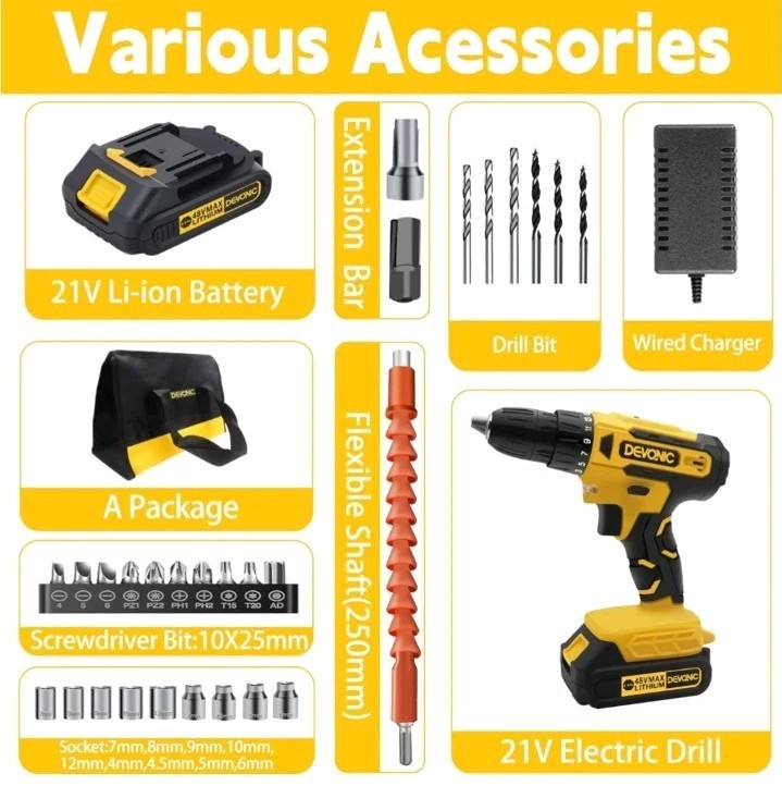 DEVONIC Cordless Drill Set,21V Electric Drill with 1 Lithium Battery and Charger