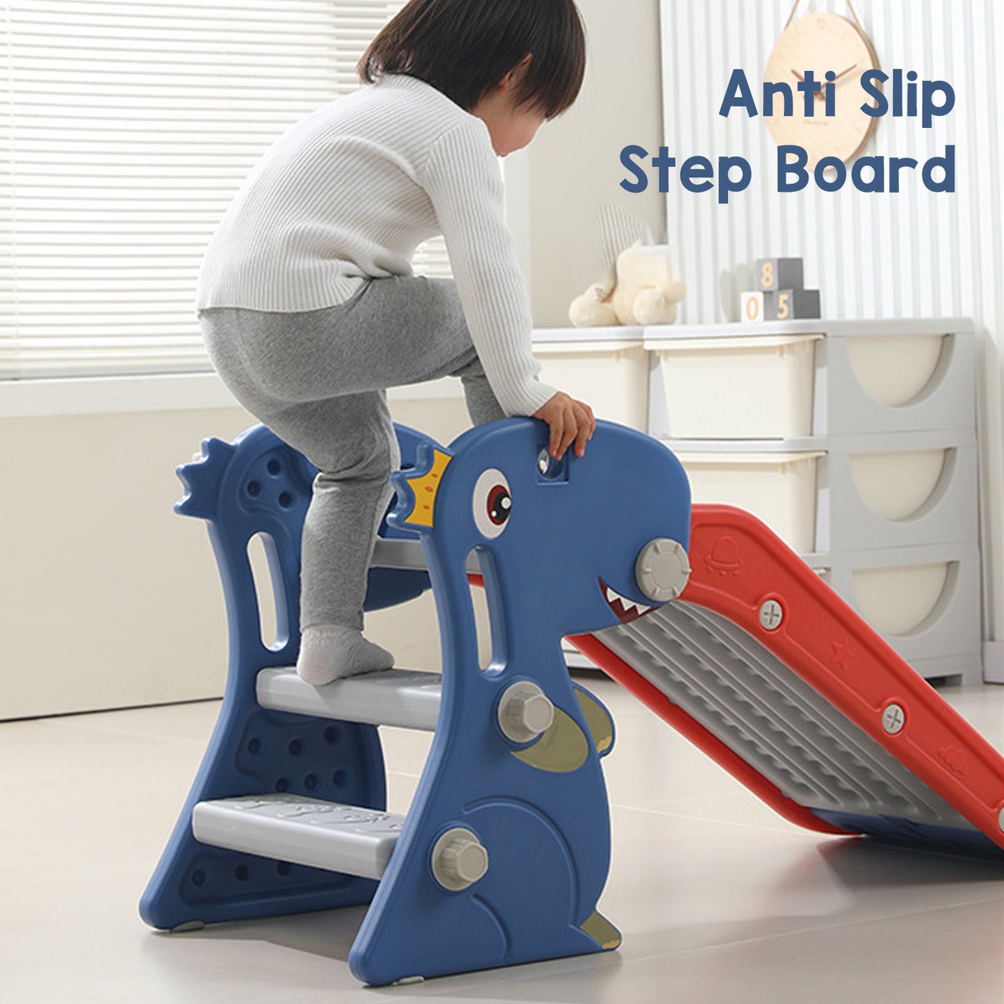 Toddler Indoor Slide for Age 0 To 3 Dinosaur Foldable Slide with Basketball Hoop