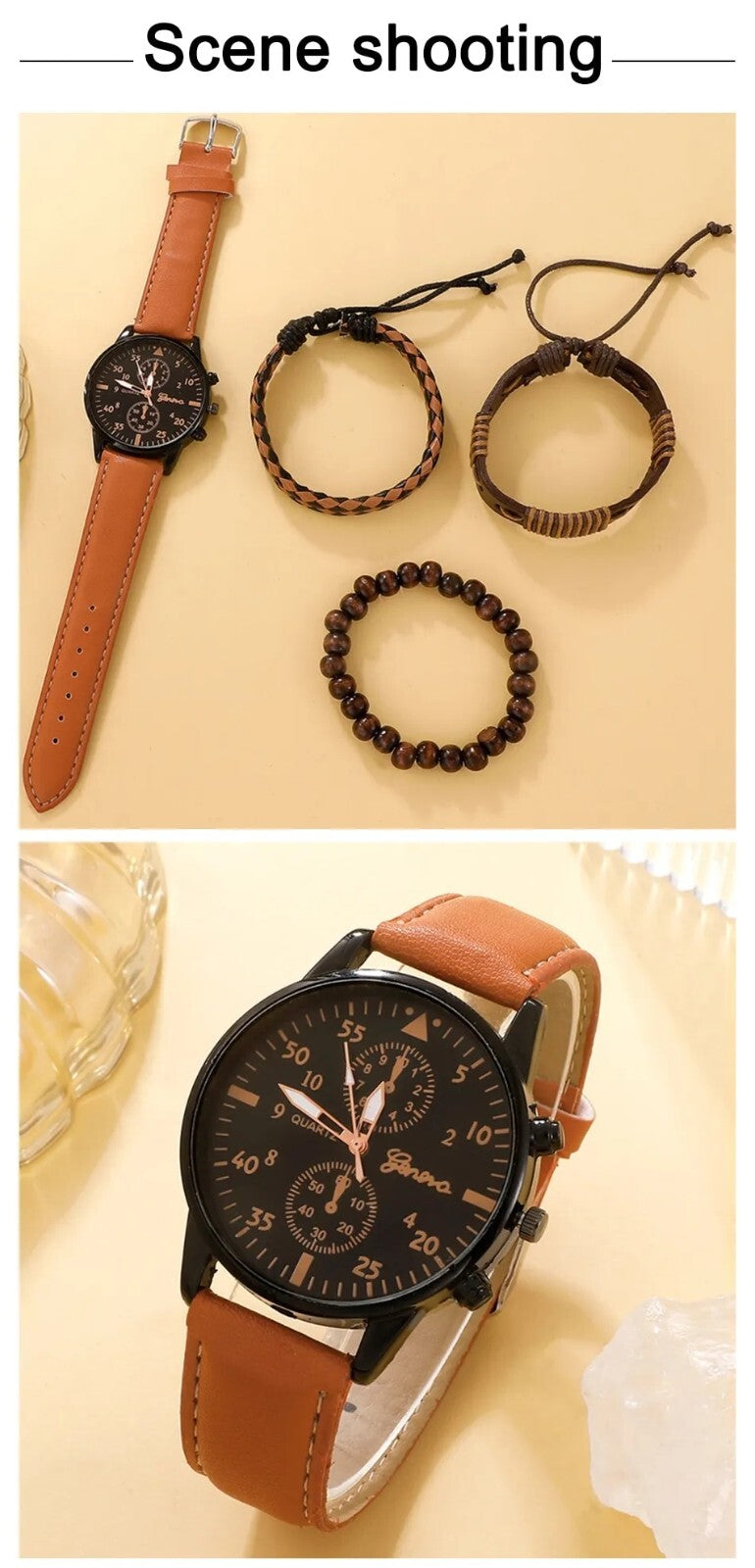 Brown Leather Quartz Watch For Men, Luxury Bracelet Set