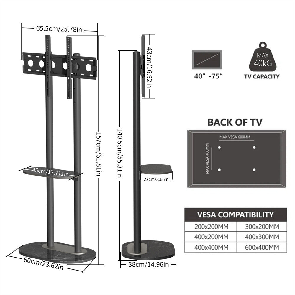 Height Adjustable Floor TV Stand with Mount Stone Shelf for 40”-75” Load up 40KG