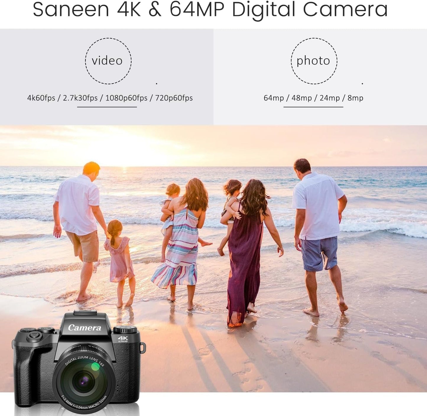 64MP 4K Digital Camera with Wifi, Touch Screen Vlogging w/ Flash 3000mAh Battery