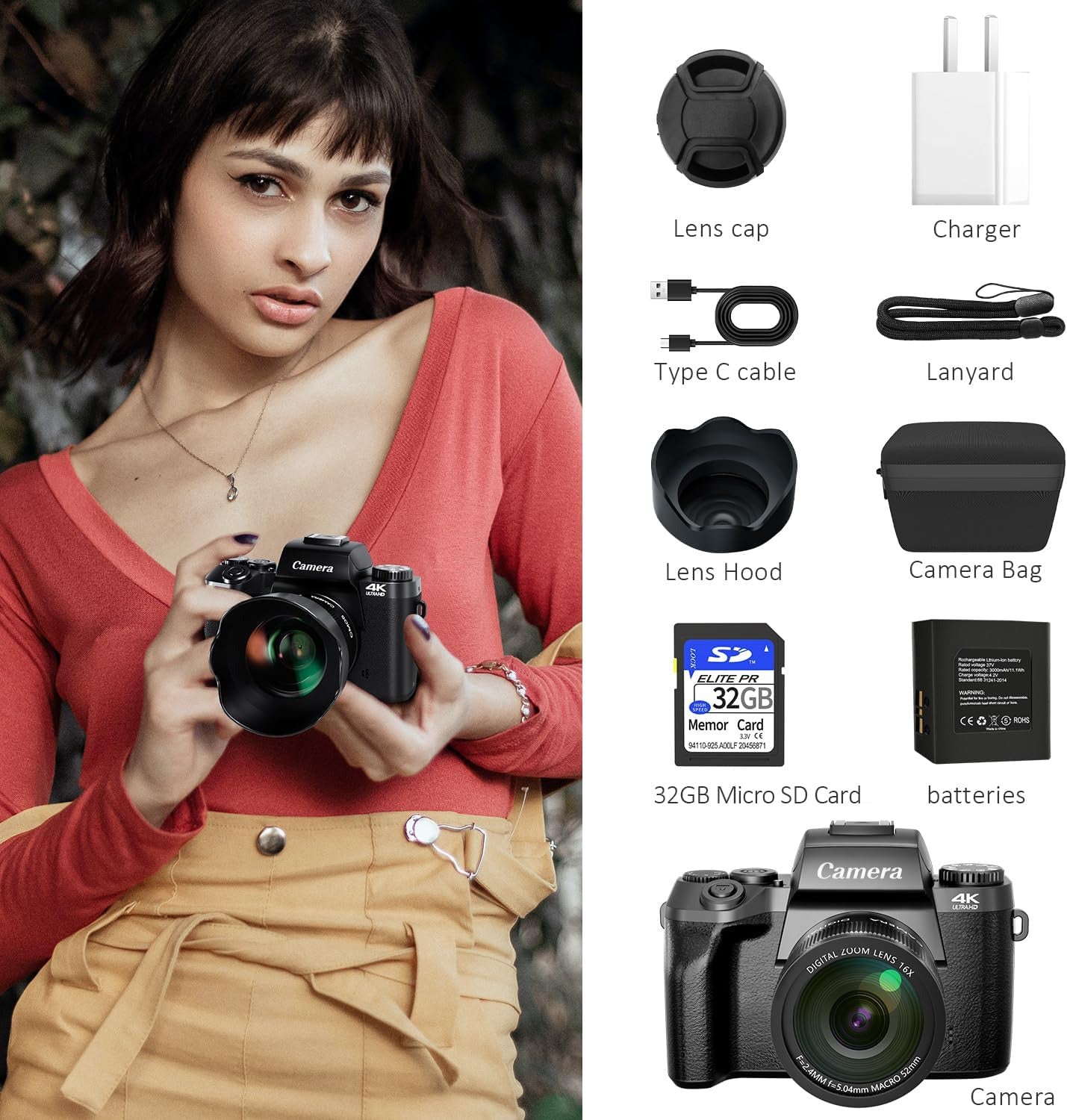 64MP 4K Digital Camera with Wifi, Touch Screen Vlogging w/ Flash 3000mAh Battery