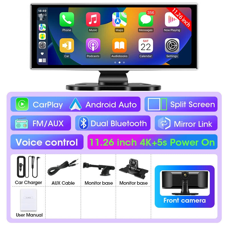 11.26" Car DVR 4K Dash Cam Dual Lens Wireless Carplay & Android Video Recorder