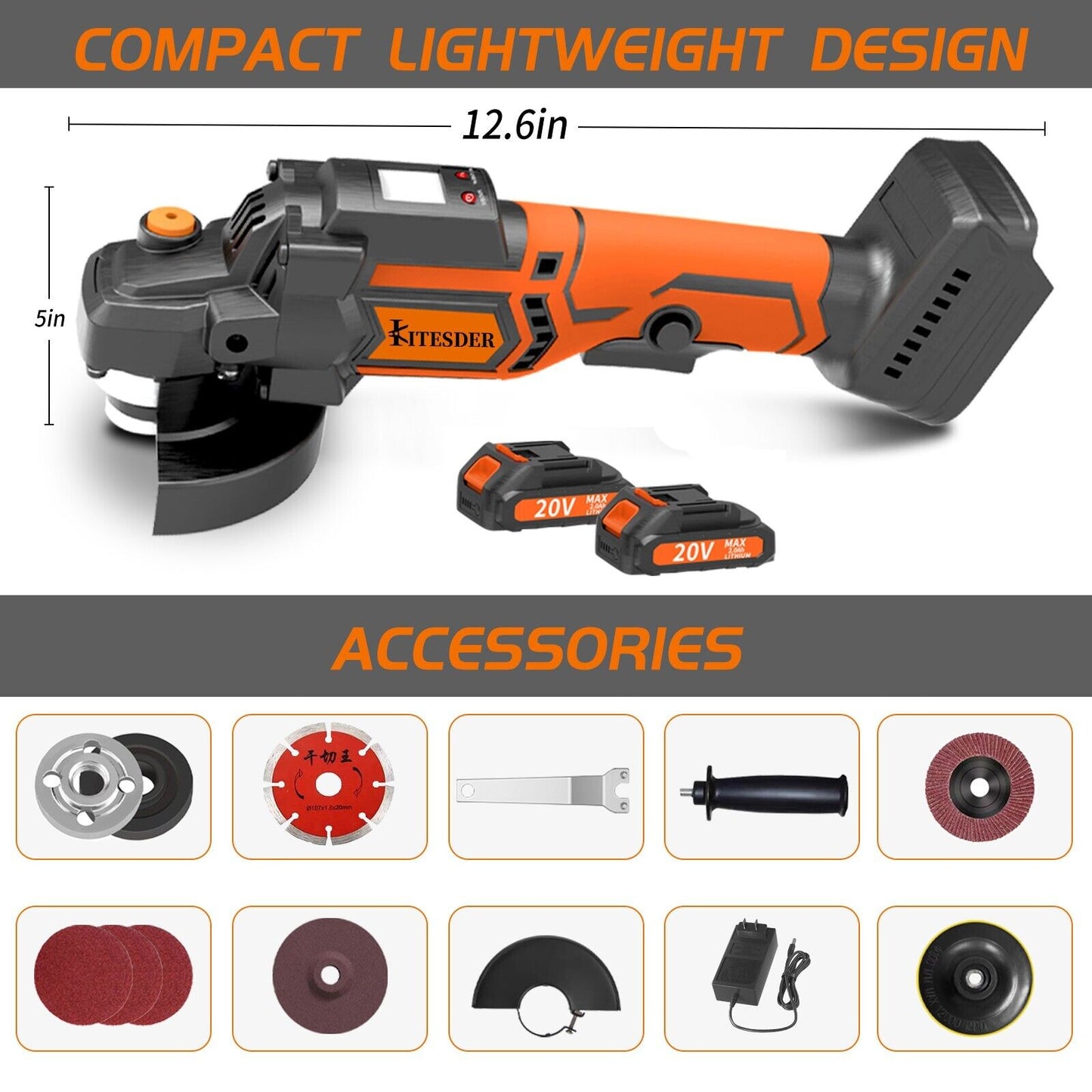 KITESDER Cordless Angle Grinder Handheld Saw 9000RPM with Battery Blade Toolkit