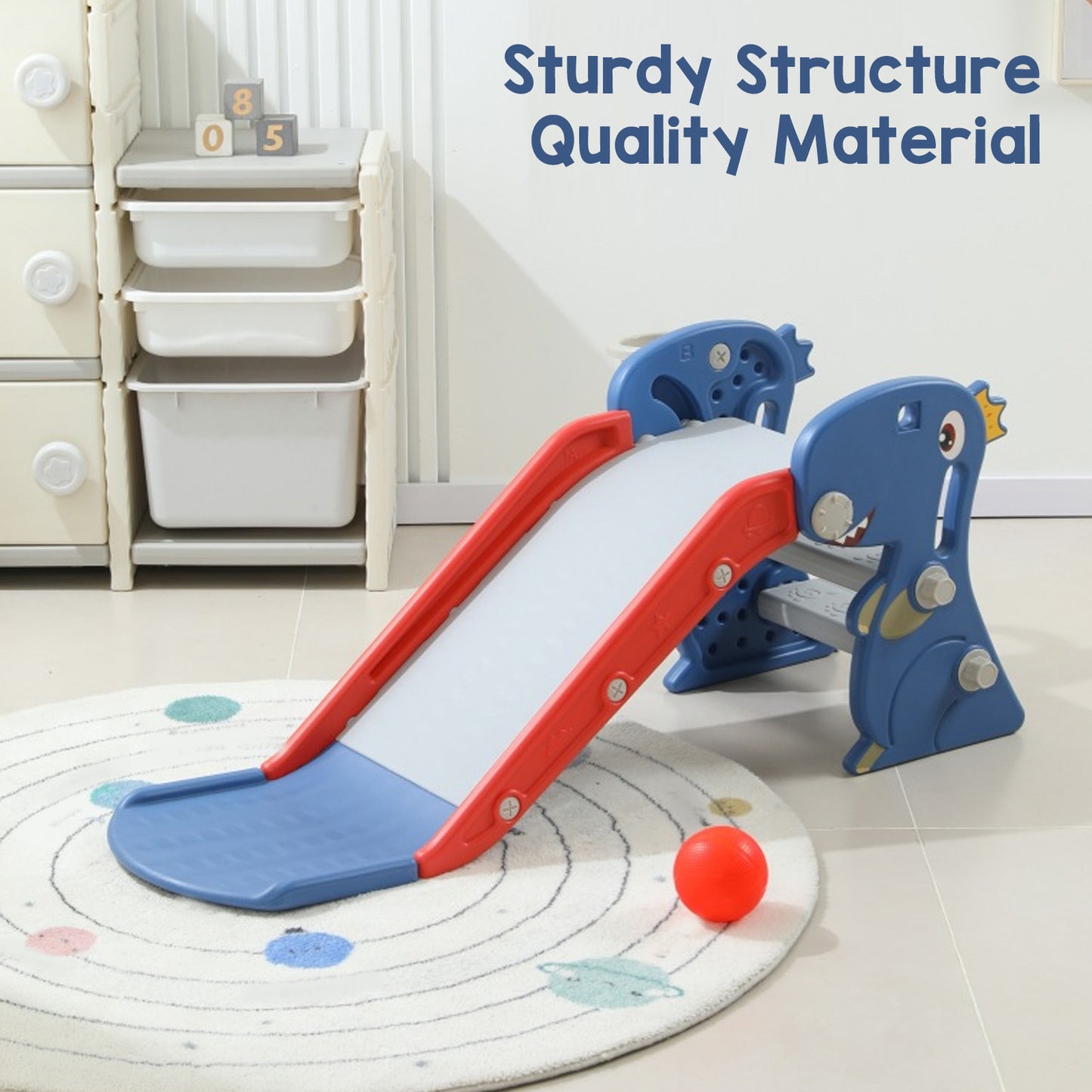Toddler Indoor Slide for Age 0 To 3 Dinosaur Foldable Slide with Basketball Hoop