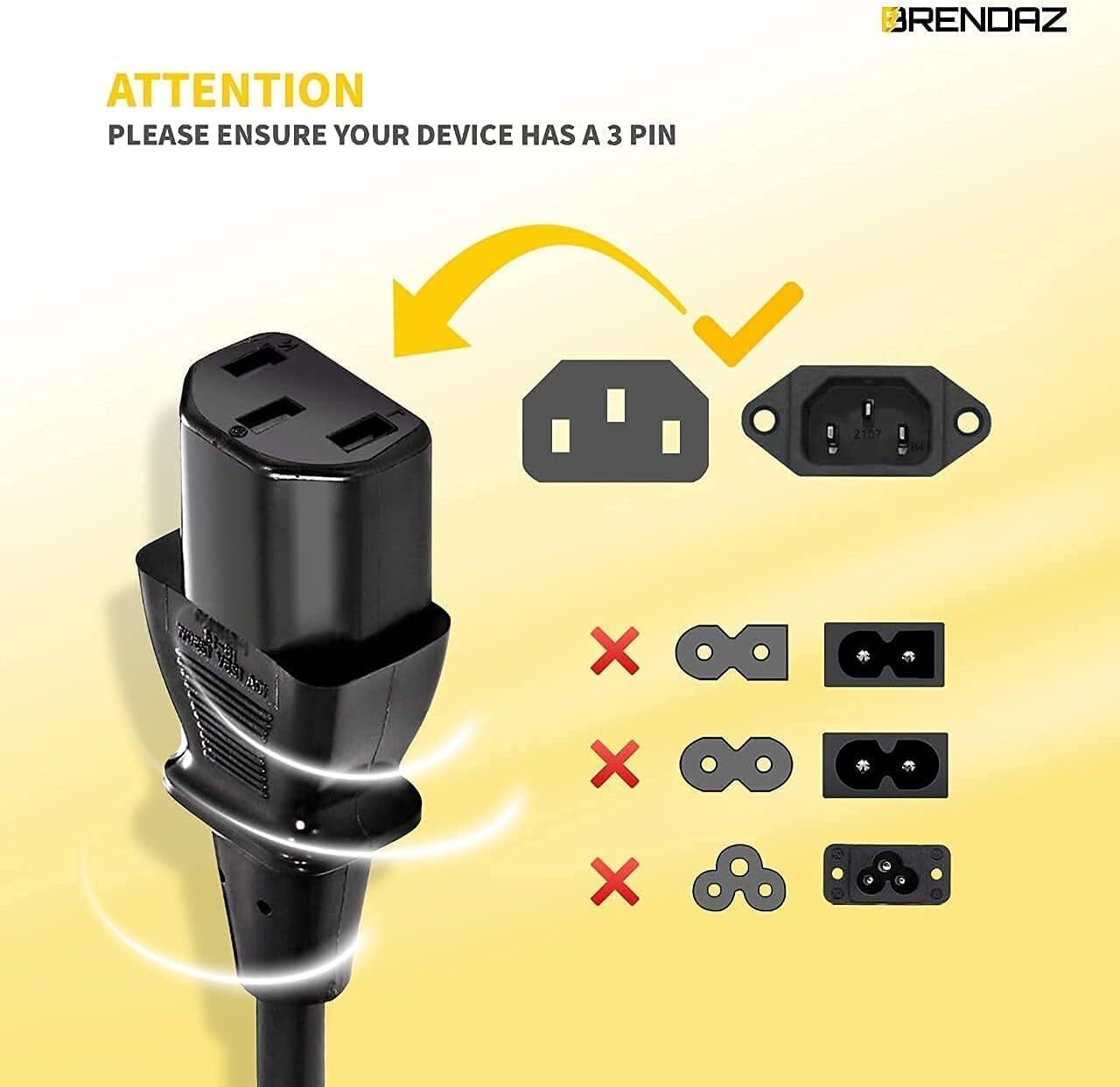Universal AC Power Cable - 2-Pack- 1ft. 3 Prong PC Power Cord Replacement for...