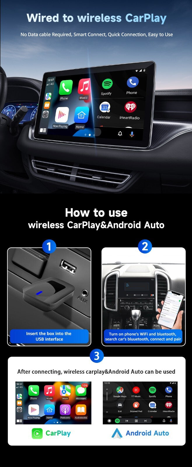 2-in-1 Wireles CarPlay Auto Adapter Fast-Connecting Plug&Play WIFI5.0 BT2.4/5.0