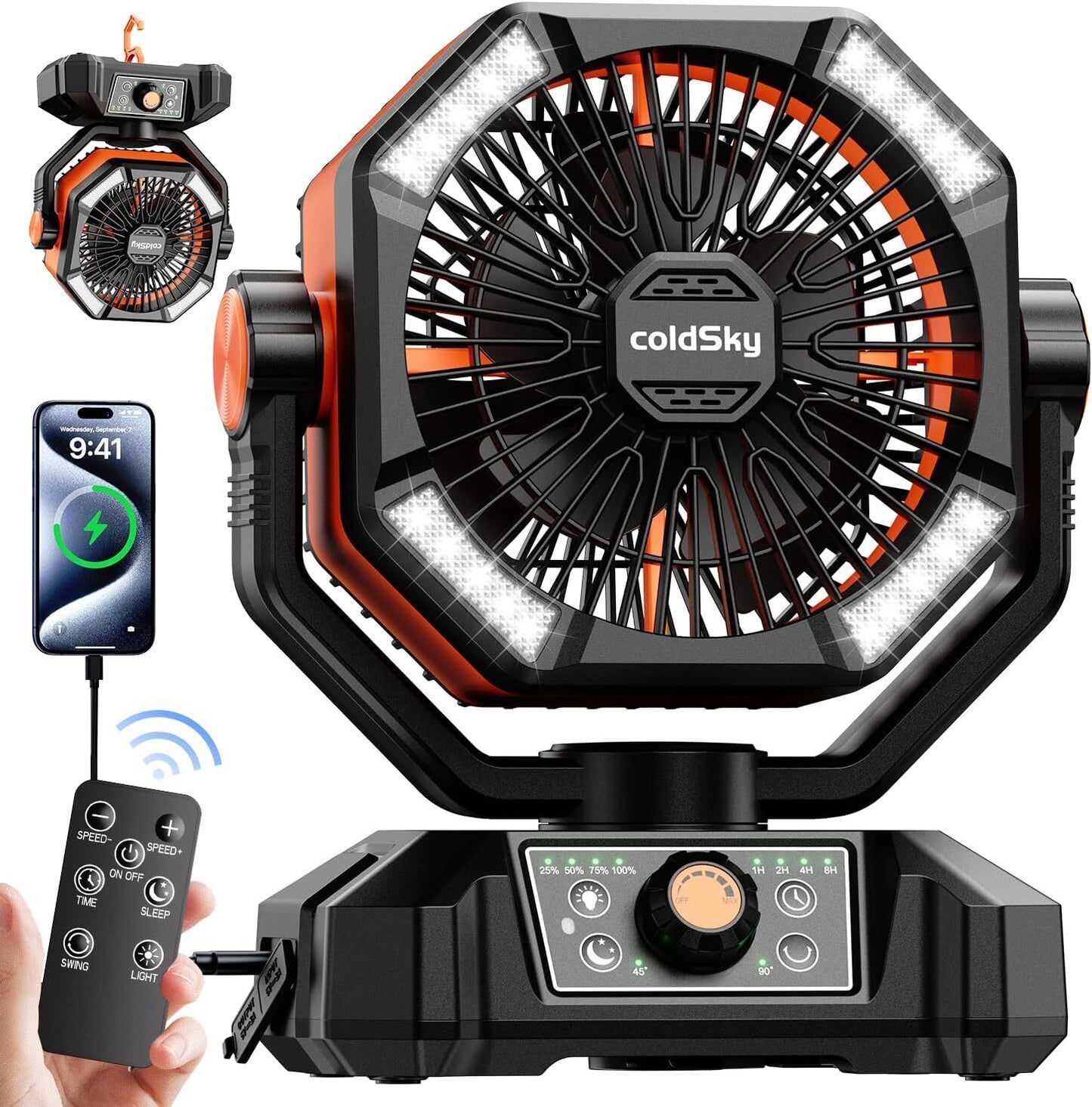 Camping Fan Battery Operated Fan with 4 LED Lantern, 8 Speeds Floor Desk Fan