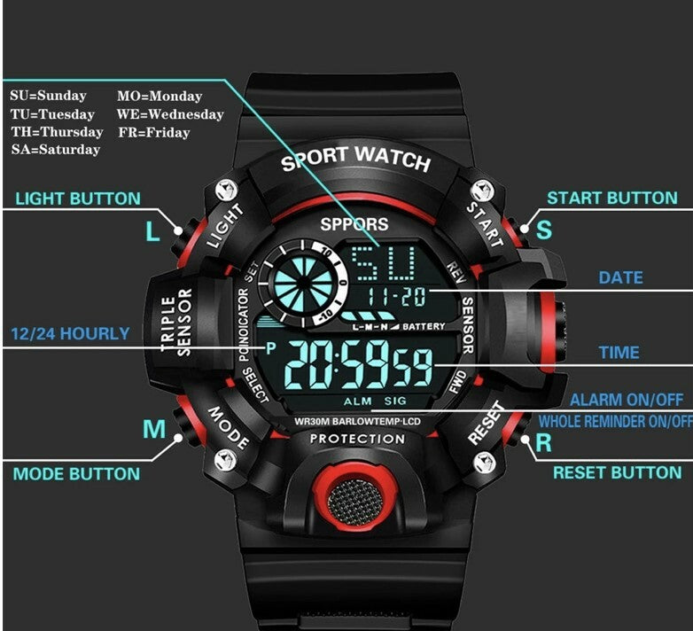 Men's Watches Military Army Sports Digital LED Shockproof Watch Alarm Stopwatch