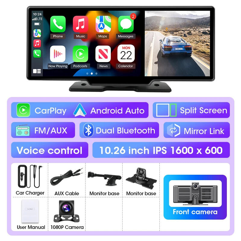 11.26" Car DVR 4K Dash Cam Dual Lens Wireless Carplay & Android Video Recorder