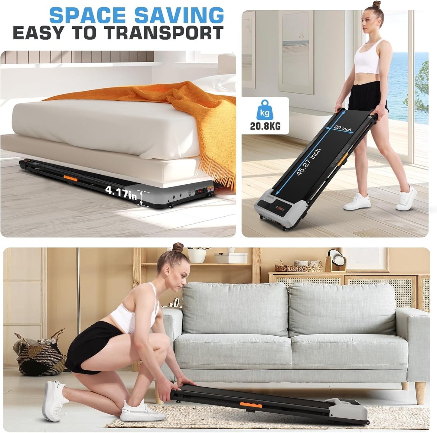 Walking Pad 3 in 1 Under Desk Treadmill, 2.5 HP Quiet Portable Walking Treadmill
