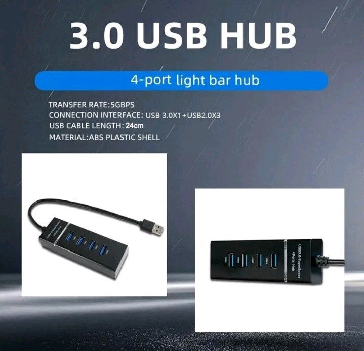 USB 3.0 Hub 4Port Splitter Adapter High Speed Data LED For PC Laptop Desktop