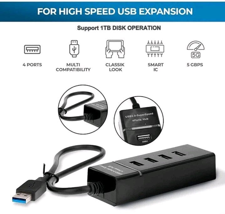 USB 3.0 Hub 4Port Splitter Adapter High Speed Data LED For PC Laptop Desktop