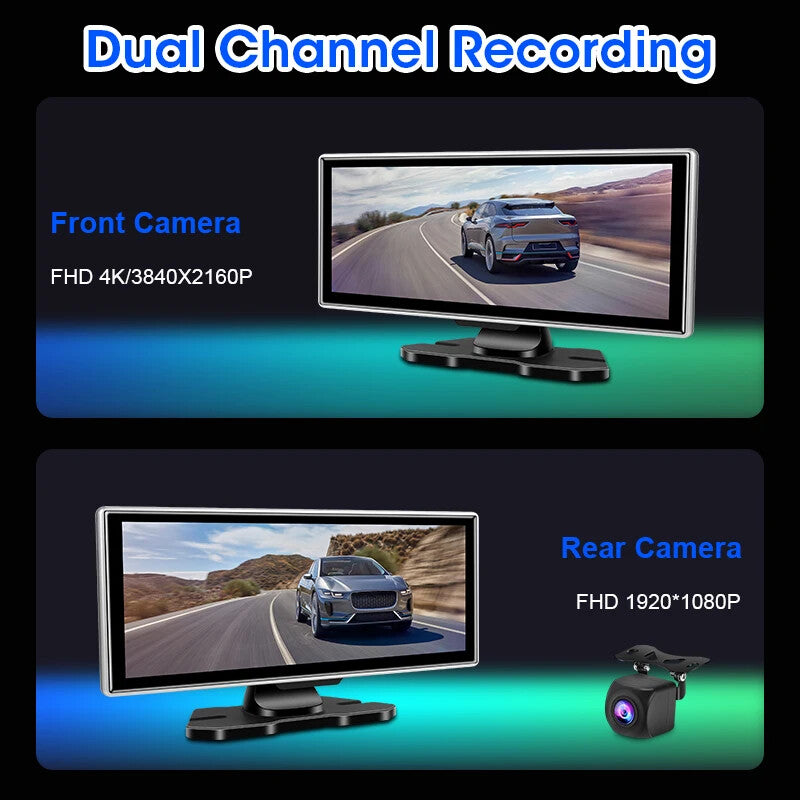 11.26" Car DVR 4K Dash Cam Dual Lens Wireless Carplay & Android Video Recorder
