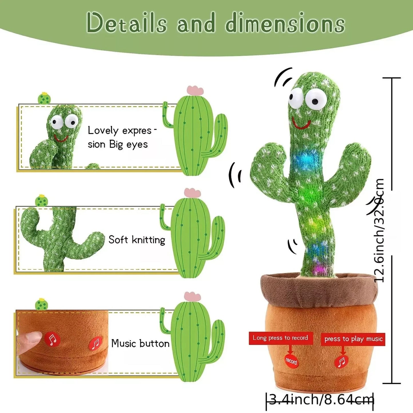 Dancing Cactus Repeat Talk Sing Glow Interactive Plush Toy for Kids | USB | USA