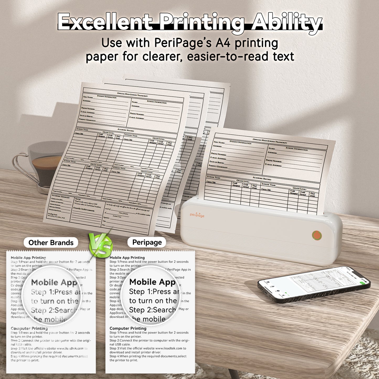 Peripage P40 A4 Portable Thermal Printer Wireless Mobile Photo Printer Y3U0