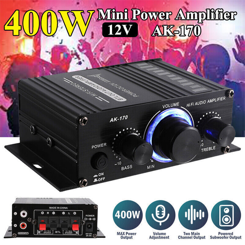12V Car Household Stereo Mini Hi-Fi Amplifier 2 Channel Audio Power Amp 400W NEW