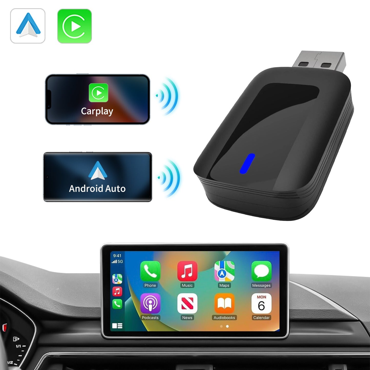 2-in-1 Wireles CarPlay Auto Adapter Fast-Connecting Plug&Play WIFI5.0 BT2.4/5.0